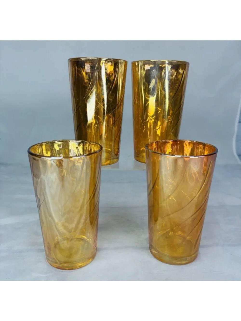 Optic Lusterware MARIGOLD SWIRL Iridescent Carnival 10oz Drinking Glasses Set 4